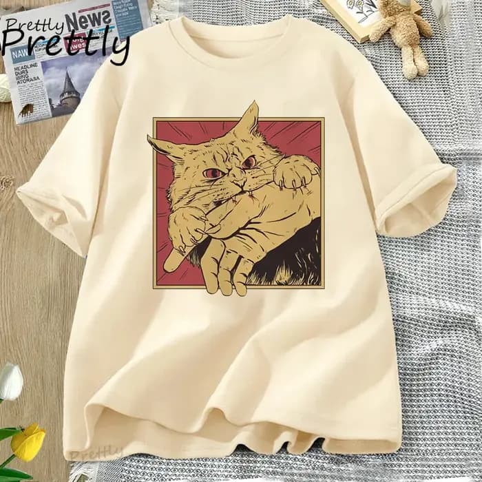Vintage chat morsure t-shirt japonais horreur rétro graphique