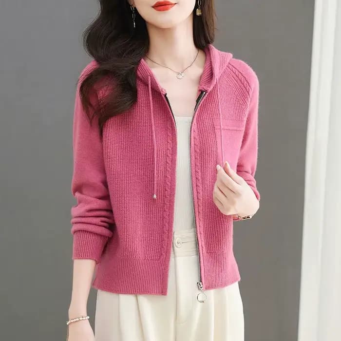 Cardigan tricoté à capuche rouge Rose pour femmes
