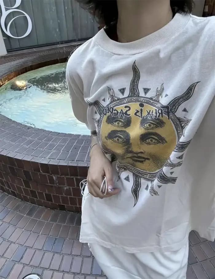 Saint été Vintage Rock lavé coton soleil visage imprimé haute rue décontracté ample surdimensionné à la mode sport T-shirt pour hommes hauts