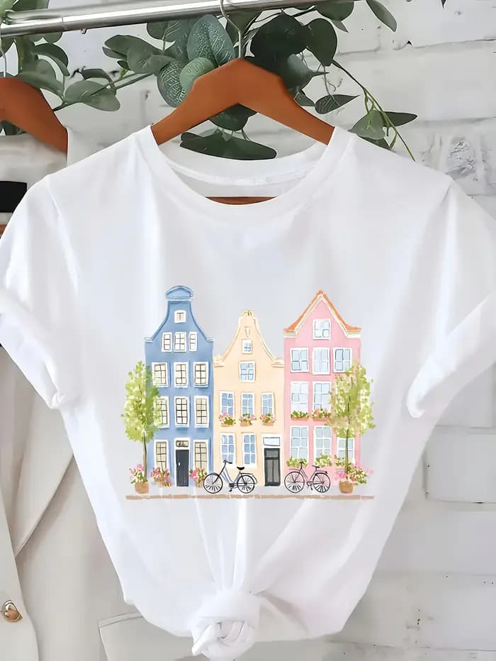 T-shirt décontracté à manches courtes avec imprimé artistique sur le thème de la maison pastel d'Amsterdam