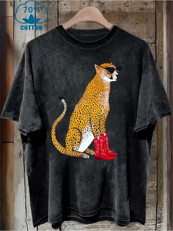Vintage noir léopard et Jaguar lavé t-shirt Y2K hommes femmes Y2k Streetwear coton