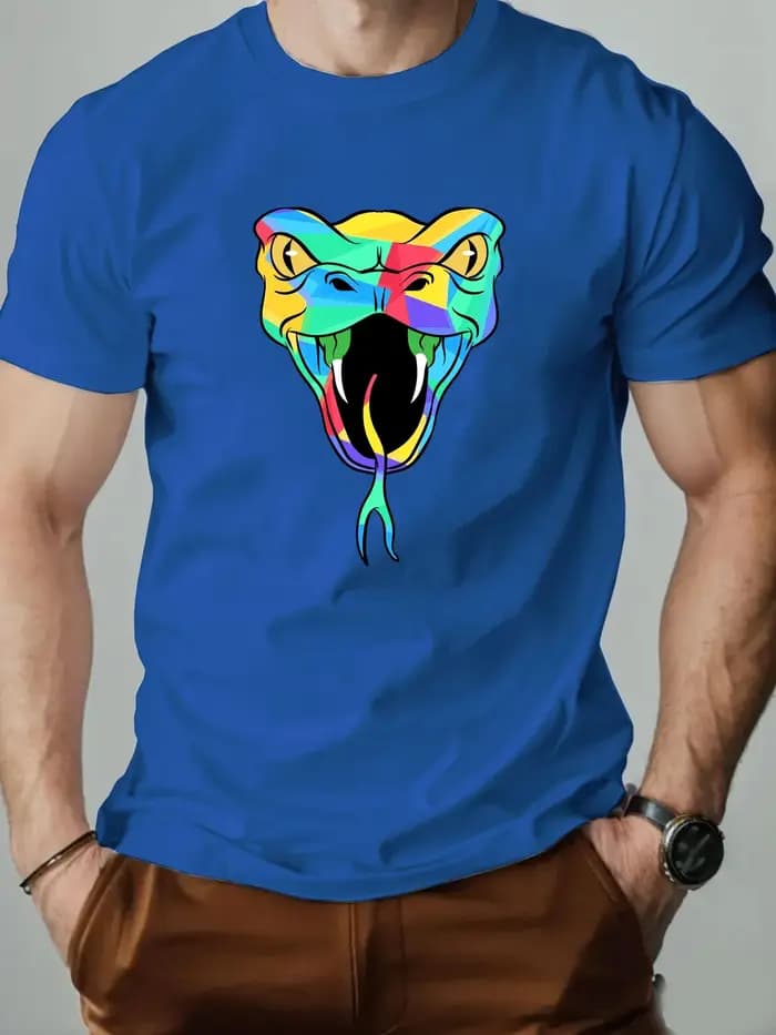 T-Shirt homme 100% coton dessin animé Animal serpent imprimé été surdimensionné col rond respirant décontracté manches