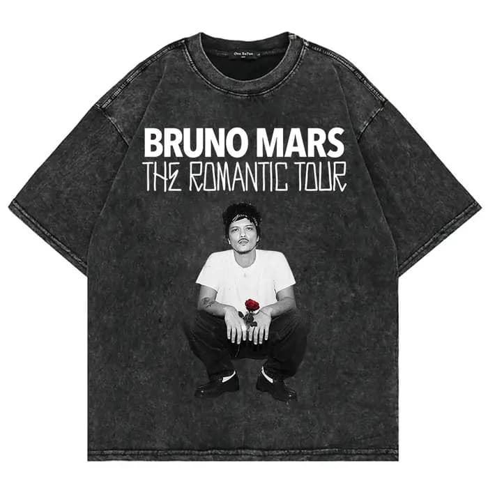 T-shirt 100% coton vintage lavé Bruno Mars The Romantic Tour 2026 Mode Homme/Femme Rétro Surdimensionné Décontracté