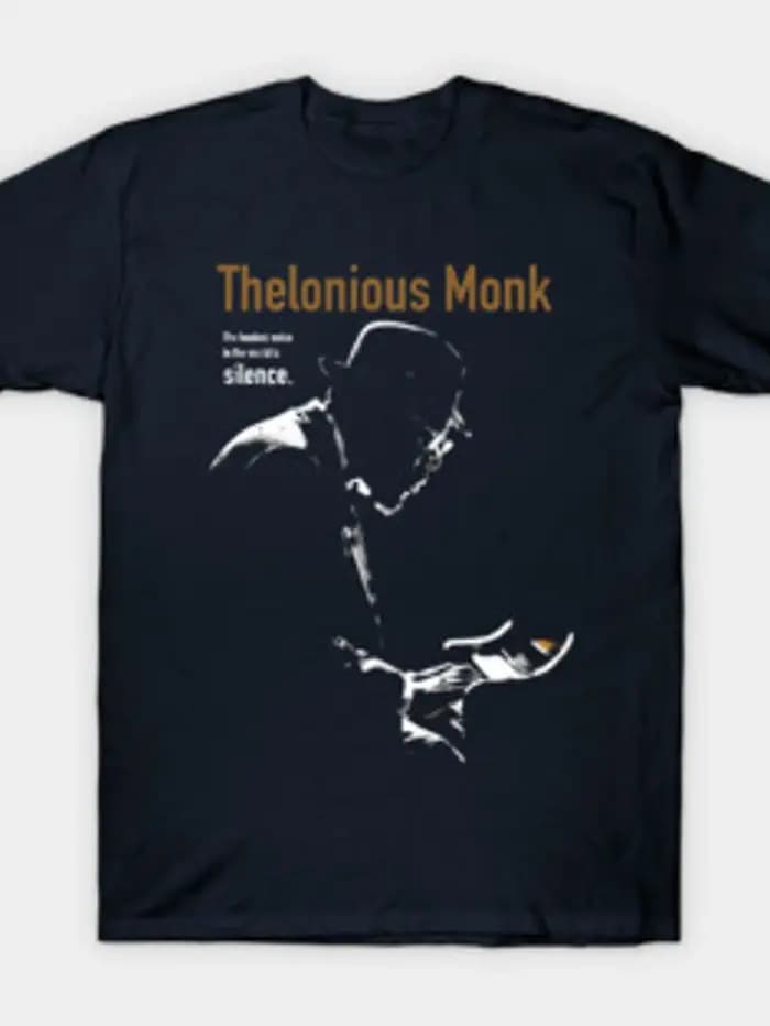 T-shirt noir en coton coupe classique avec silhouette et texte du musicien de jazz Thelonious Monk,