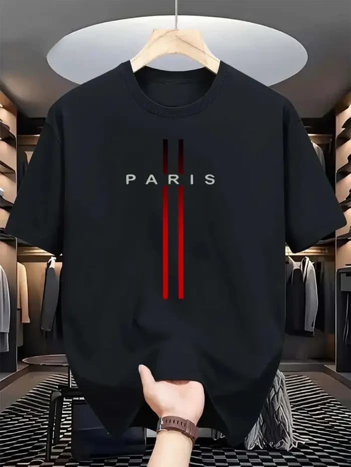 Été Paris hommes nouvelle rayure imprimé confortable et respirant col rond T-shirt extérieur urbain haut décontracté