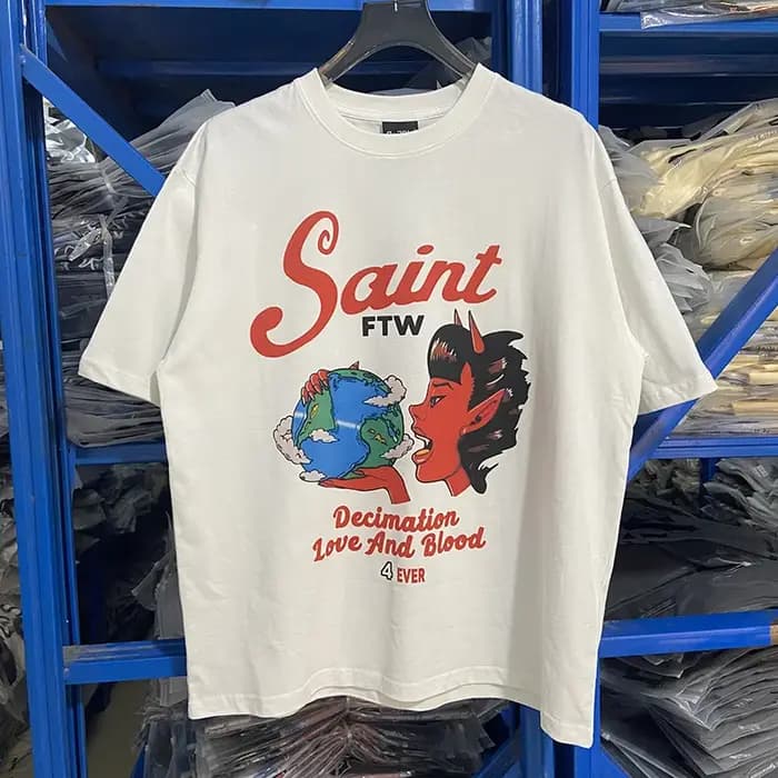 High Street Red Devil Letters Logo imprimé Saint T-Shirt haute qualité coton Vintage blanc