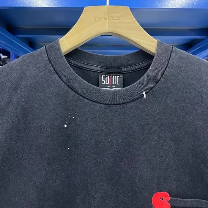 Poche SAINT Logo t-shirts hommes femme Vintage ample lavé à manches courtes noir col rond Streetwear bonne qualité haut