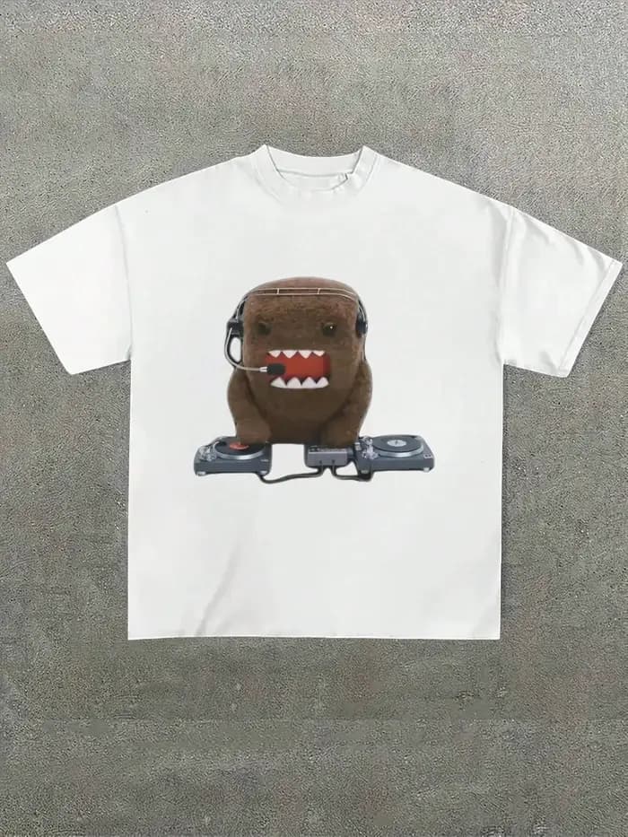 Grande taille hommes, Dj Domo Kun poupée lavé t-shirts 100 % coton décontracté imprimé T-Shirt col r