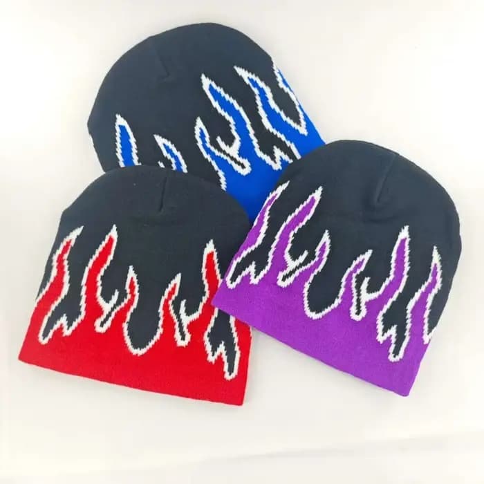 1 pièce de bonnet tricoté à motif de flamme imprimé double face