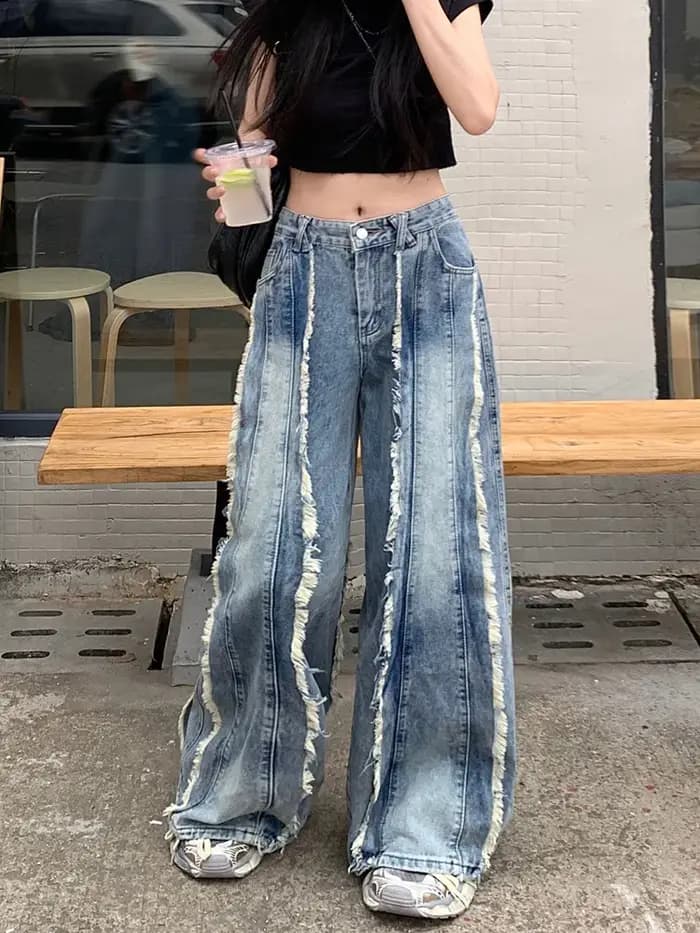 Jean Baggy Empilé Bleu Délavé à Jambes Larges pour Femme