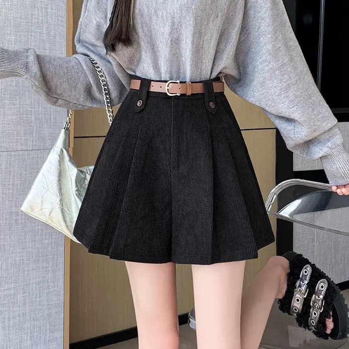 Séoulish Vintage femmes velours côtelé a-ligne Shorts 2025 automne hiver couleur unie taille haute poches plissé