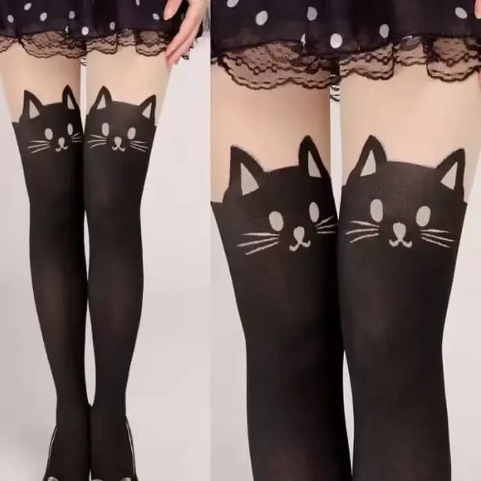 Femmes mignon chat noir imprimé soie genou chaussettes décontracté cuisse coton chaud haut