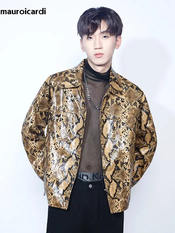 Mauroicardi printemps automne ample Cool brillant coloré peau de serpent imprimé veste en cuir Pu ho