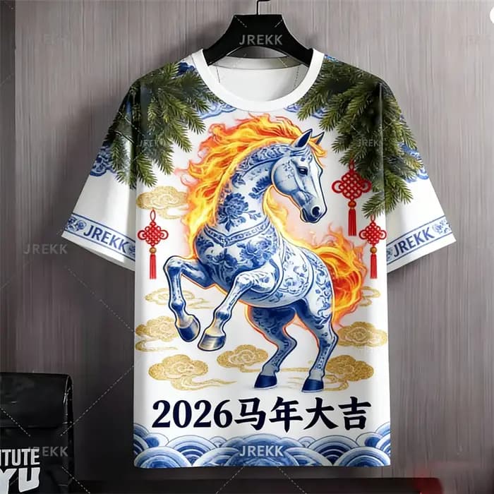 T-shirt de l'année du cheval pour hommes, vêtements de personnalité, Streetwear, cadeau du nouvel an, Cool, Design imprimé en 3D, 2026