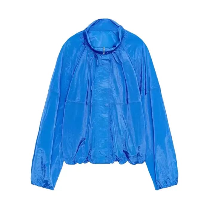 Veste en nylon plissée à col montant et manches longues couleur macaron pour femme – Nouvelle collection estivale