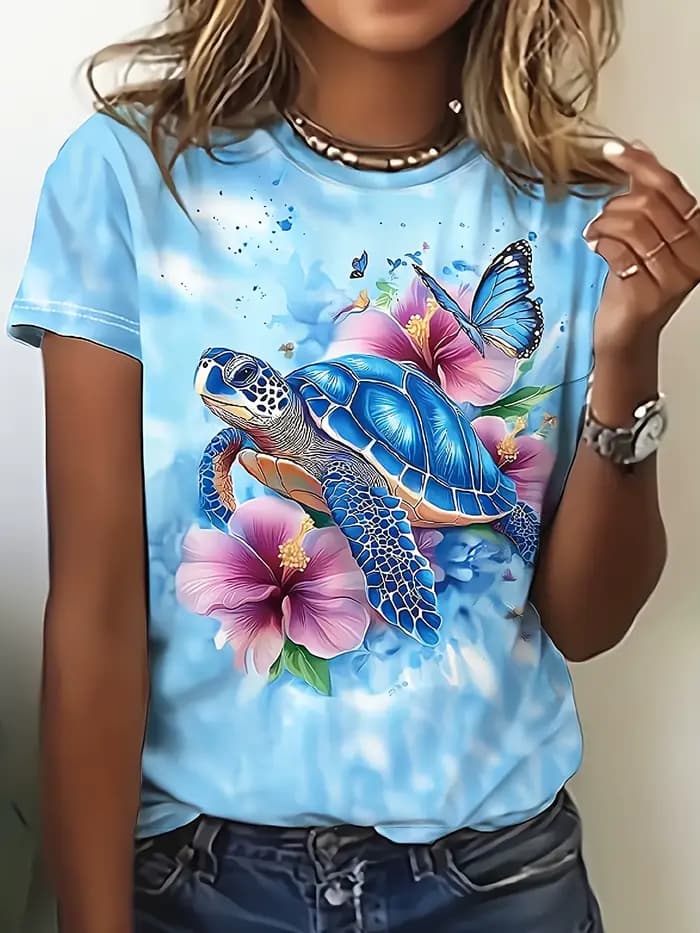 T-shirt pour femme bleu clair - Motif tortue bleue et hibiscus, imprimé plage tropicale pour un usag
