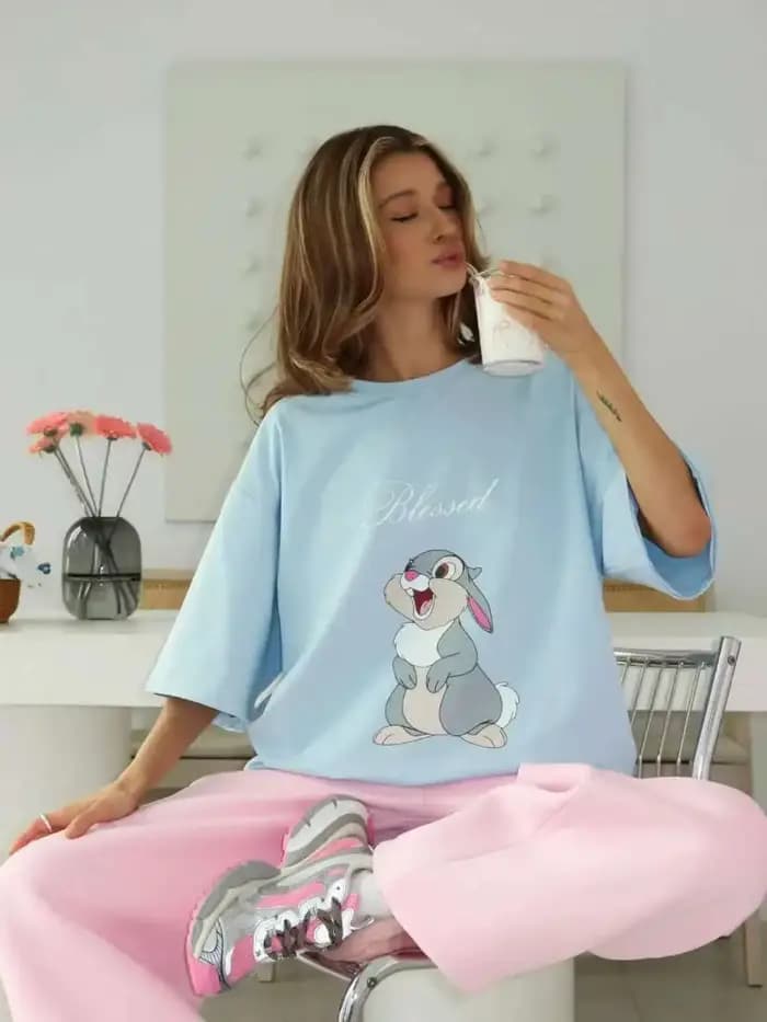 Kawaii lapin imprimé blanc 100% coton américain décontracté Streetwear femmes t-shirt à manches courtes col rond