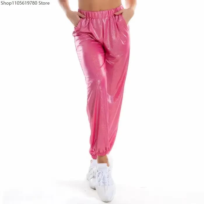 Pantalon de jogging ample taille haute holographique réfléchissant métallisé pour femme