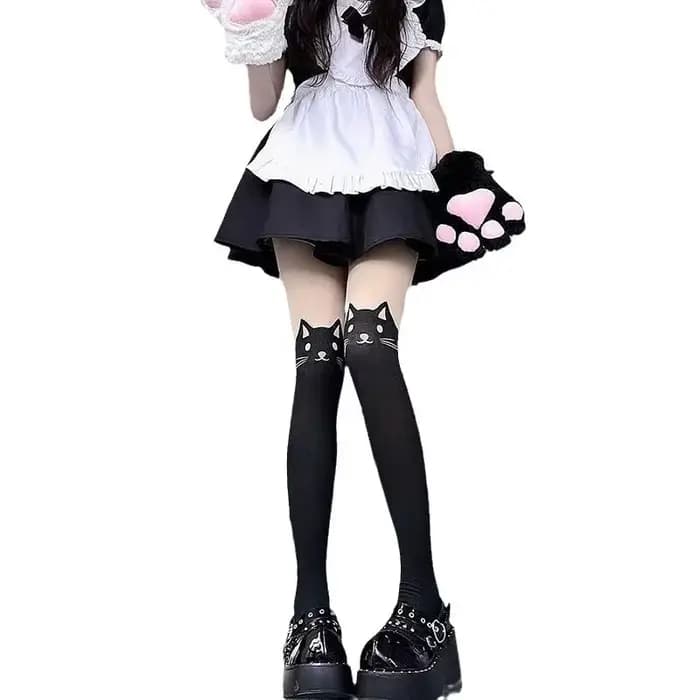 Femmes mignon chat noir imprimé soie genou chaussettes décontracté cuisse coton chaud haut