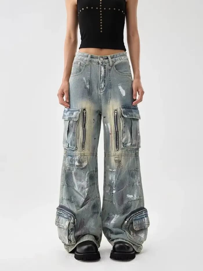 Trashy Y2K 2000S en détresse bleu peinture Splash Baggy Cargo jean pantalon pour femmes 90S Vintage vêtements fermeture