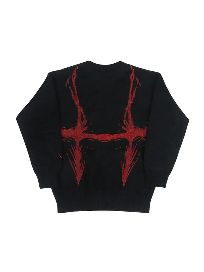 Pull en tricot graphique noir et rouge pour hommes, col rond, surdimensionné, décontracté, manches l