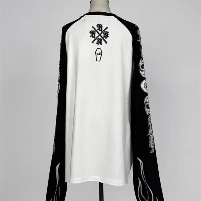 Japonais Harajuku Streetwear co-marqué sous-culture tatouage broderie flamme à manches longues T-Shirt