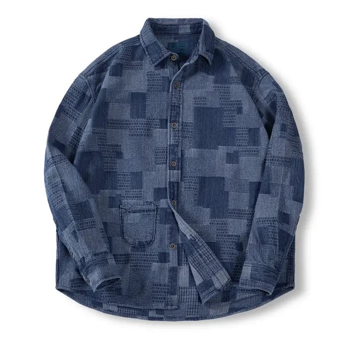 Maden Chemises en Denim Rétro Boro avec Col en Lapel et Design Patchwork Chemise à Manches Longues p