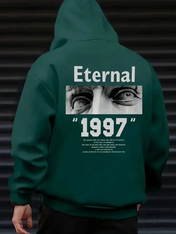 Sweat à capuche polaire pour homme, noir vintage, avec motif yeux sculptés et photo Eternal 1997, imprimé dos avec inscription, style streetwear minimaliste noir