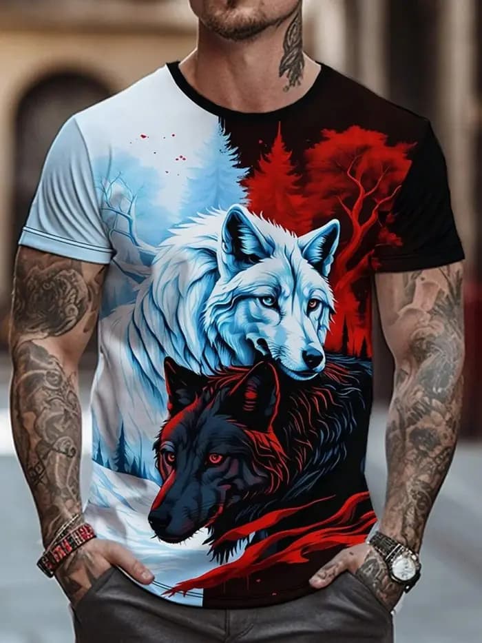T-shirt cool à imprimé loup pour homme