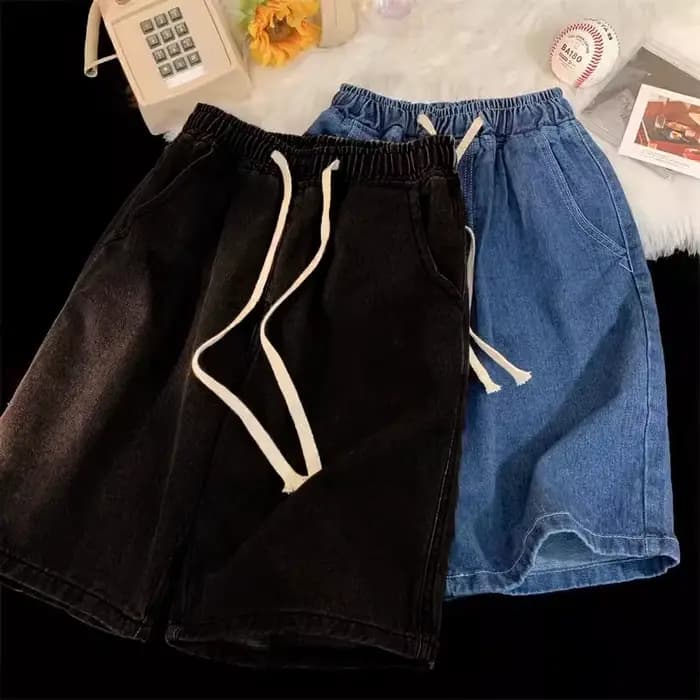 Jean noir Vintage Y2k pour hommes, pantalon large décontracté taille basse, short en jean porté, vêtements grande taille, short en jean de couleur unie, 2025
