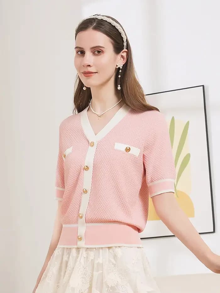 Je crois que vous femmes françaises été tricots petit parfum Style col en v à manches courtes Blouse 2025 nouvelle dame pulls 2242145814