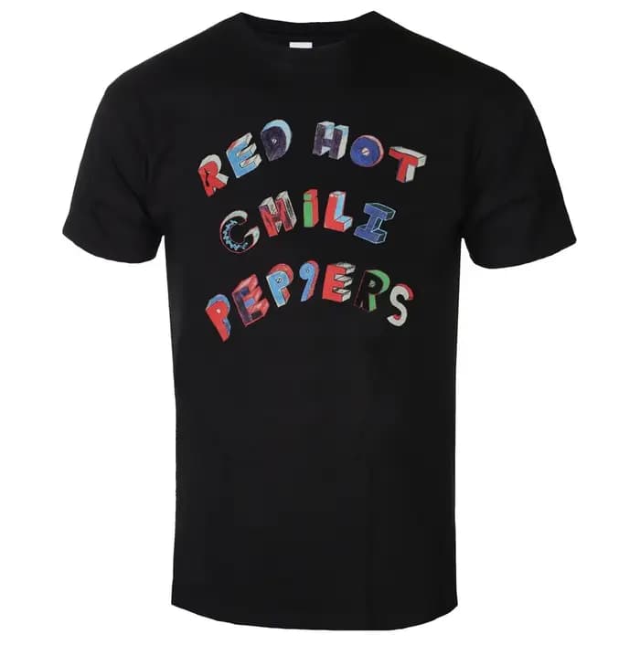 T-shirt graphique du groupe Red Hot Chili Peppers avec lettres rouges circulaires vieillies et étoile à huit branches blanche rayée