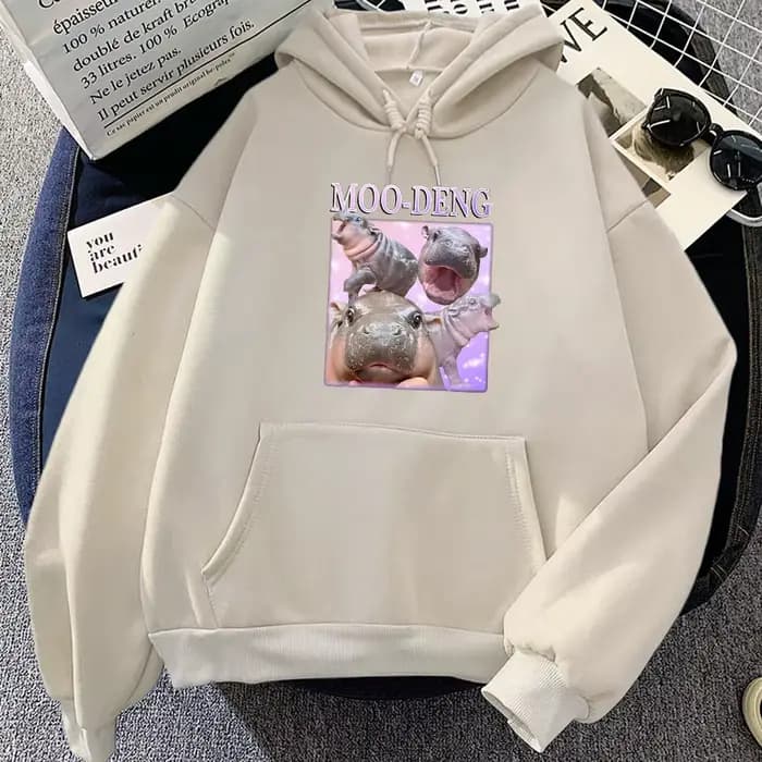 Sweat à capuche imprimé dessin animé Moo Deng pour hommes et femmes