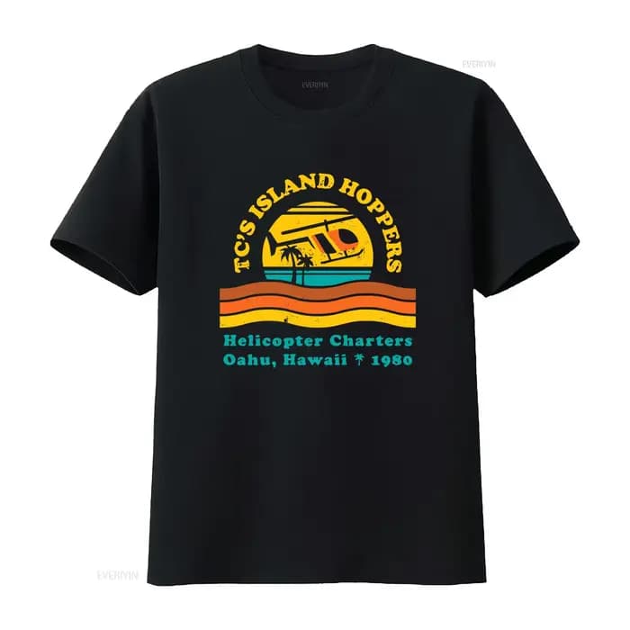 TC's Island Hoppers Helicopter Charters Oahu Hawaii 1980 T-shirt style vintage lavé pour homme confortable