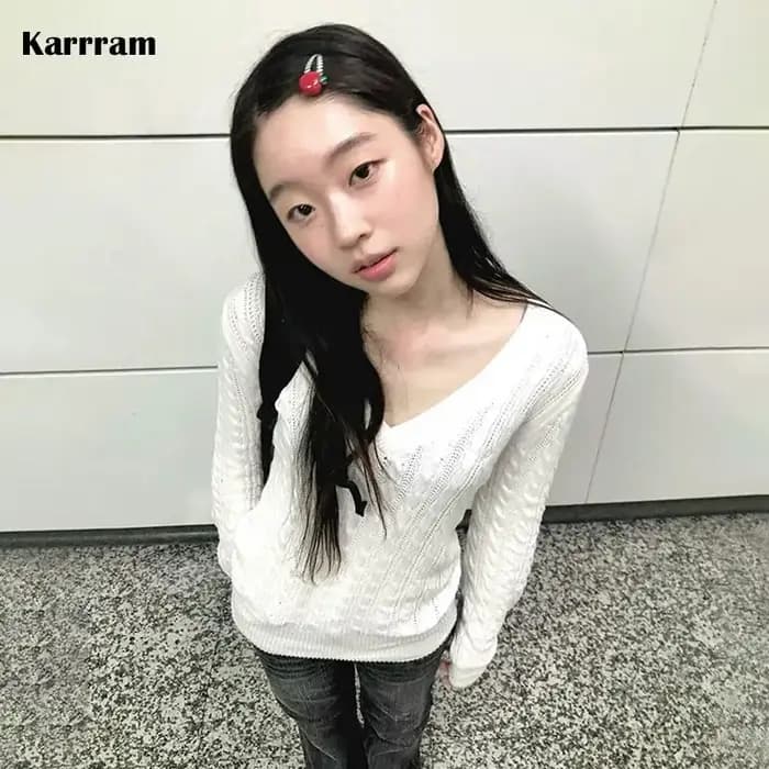 Karrram japonais Y2k col en v blanc pull Vintage Harajuku tricot mince