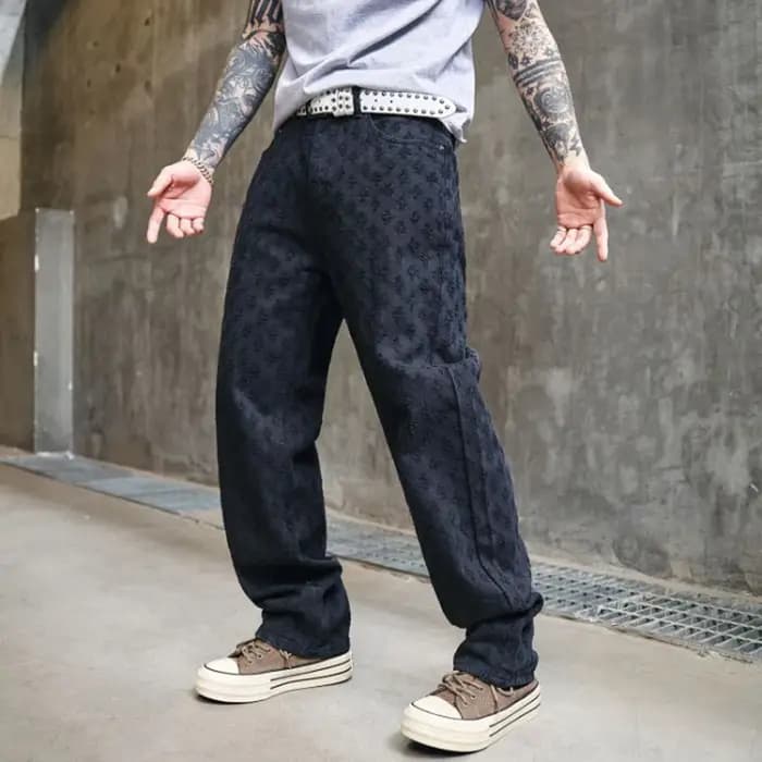Jean bleu 12 modèles hommes motif Jacquard Vintage en relief Streetwear jean ample homme haute rue a