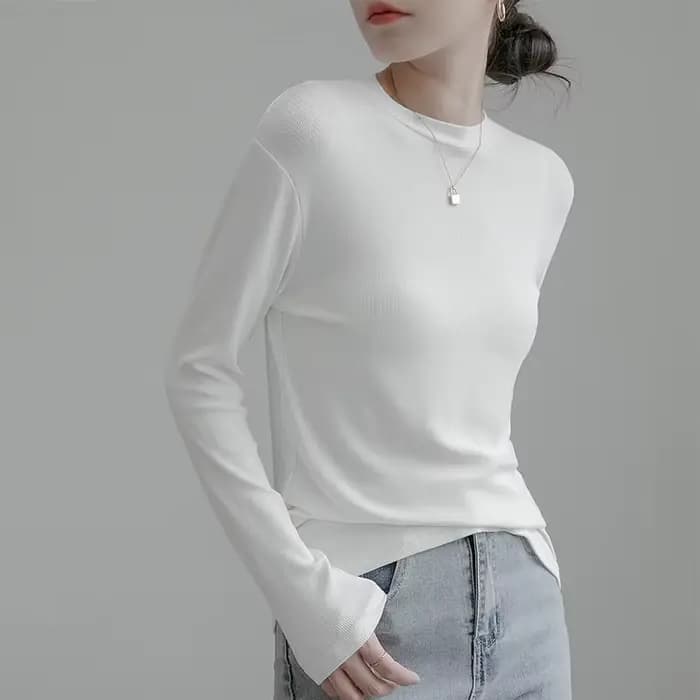 T-shirt à manches longues en coton blanc pour femme, vêtement de couleur pure, sans doublure