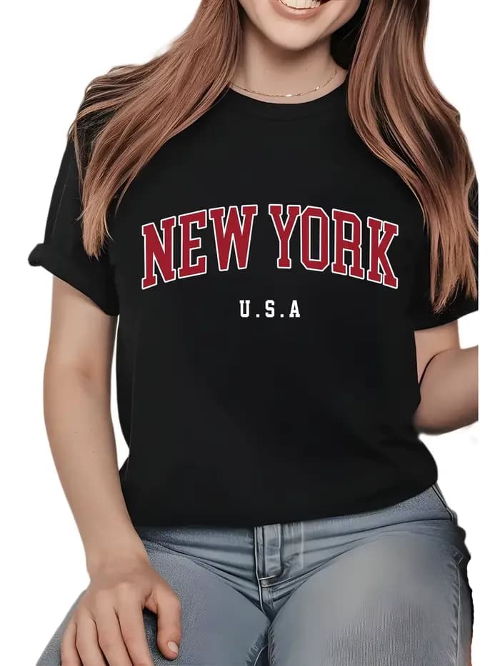 T-shirt à imprimé graphique New York pour femme, décontracté, à manches courtes, col rond confortabl