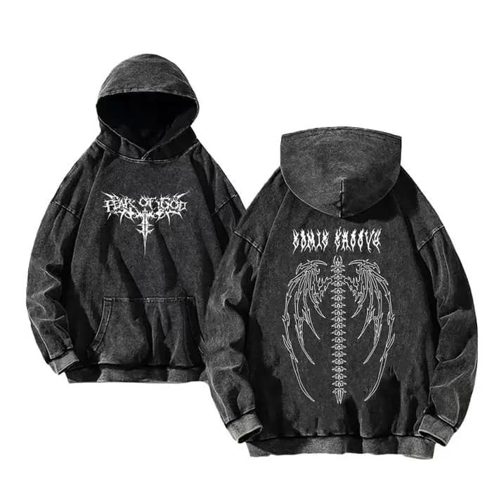 Sweat à capuche imprimé ailes de squelette pour hommes et femmes, décontracté, Vintage, lavage à l'acide, pull en coton, sweat-shirt à capuche avec poche, Streetwear
