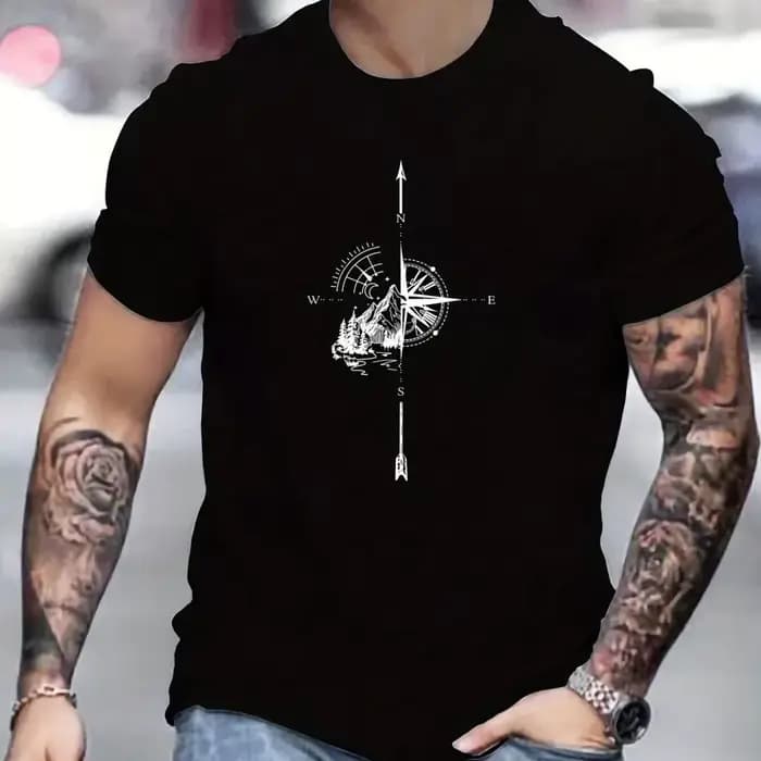 T-shirt pour homme 100% coton imprimé boussole avec rose