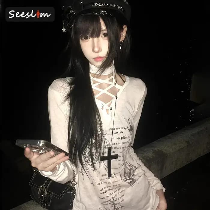 Seeslim Chic imprimé graphique t-shirts femme à lacets jeune 2000s vêtements Y2k à manches longues t-shirts femme vêtements T-shirt printemps haut