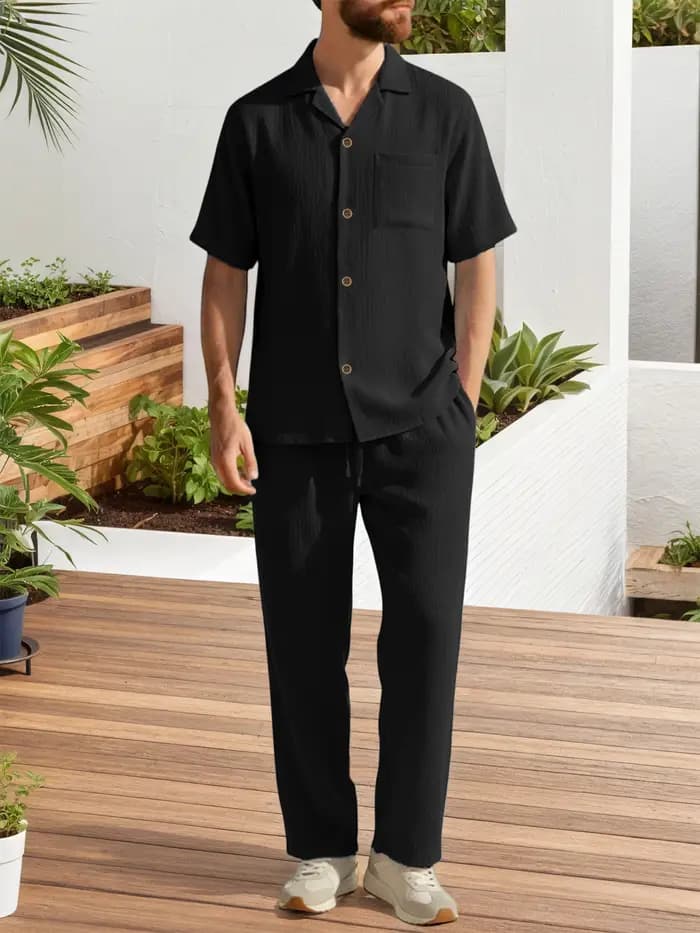 Ensembles décontractés deux pièces pour hommes – Hauts à revers à manches courtes et pantalons longs de couleur unie –