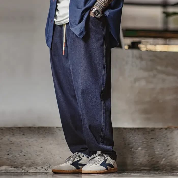 Jeans décontractés Maden 10oz Jogger en denim avec taille élastique et cordon de serrage, pantalon droit délavé pour hommes, printemps et automne