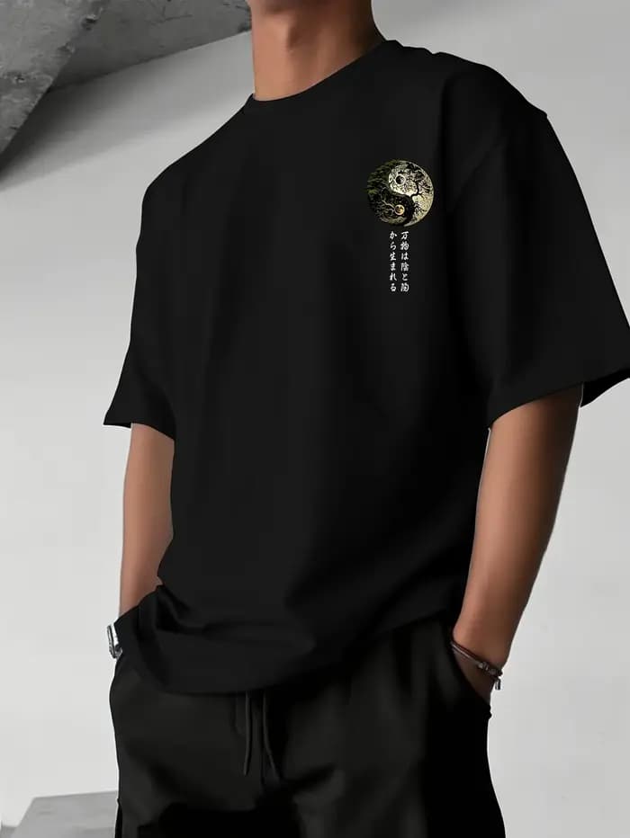 T-shirt graphique Yin Yang Arbre de Vie Calligraphie Japonaise pour Homme Respirant 100% Coton Parfait pour l'été Streetwear Tendance Style Zen