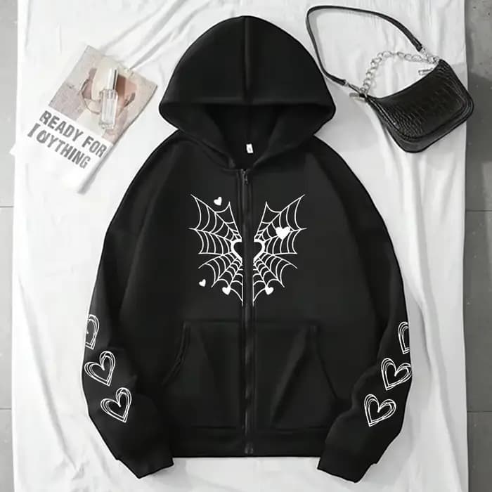 2025 offre spéciale sweat à capuche pour femme mignon toile d'araignée coeur imprimé sweat zippé tou