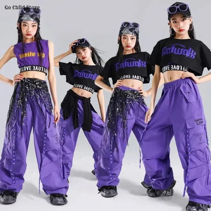 Hip Hop filles doux haut court violet Cargo pantalon enfants K-pop fille groupe rue danse vêtements ensembles