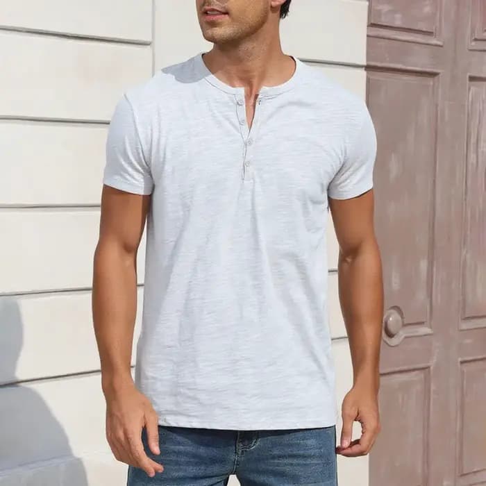 T-shirt en coton pour hommes, Design de boutons, respirant, couleur unie, manches courtes, col Henley, coupe cintrée, confortable, décontracté