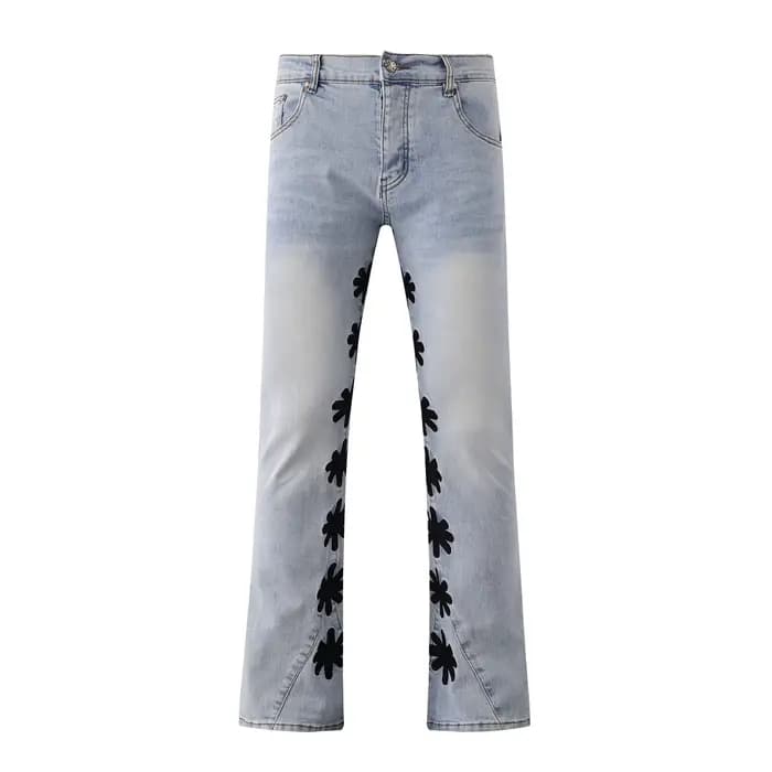 Jean Baggy pour hommes, Streetwear, broderie florale sur le côté intérieur, noir, bleu, poches droit