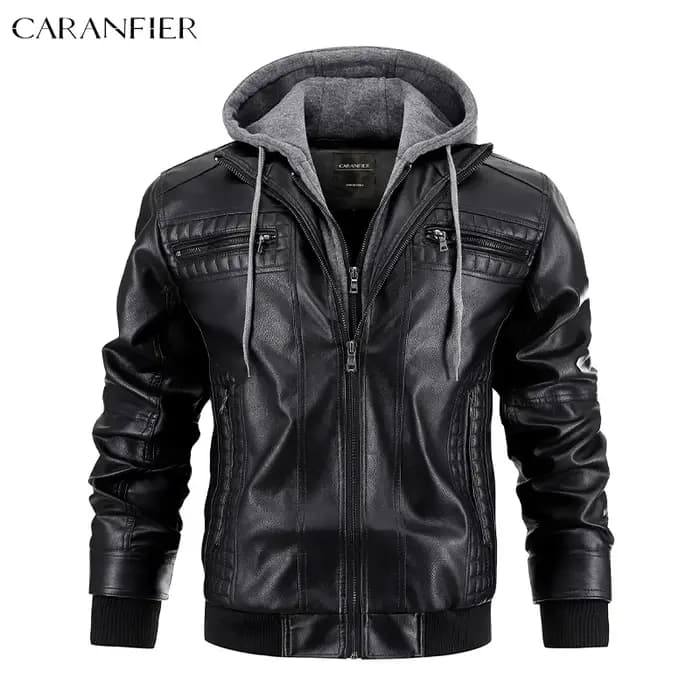 CARANFIER hommes veste en cuir PU mâle Moto Biker à capuche manteaux de luxe vêtements Faux Vintage