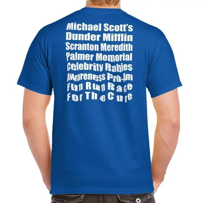 Sunfiz YF-T-shirt bleu avec poche imprimée au dos, marques de Michael Scott, Dunder Run Race Cure, t